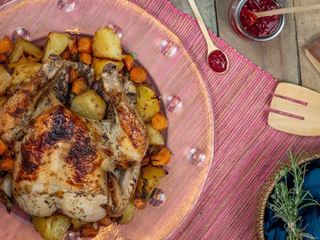 Roasted Chicken & Blackberry Gravy on a serving plate.
