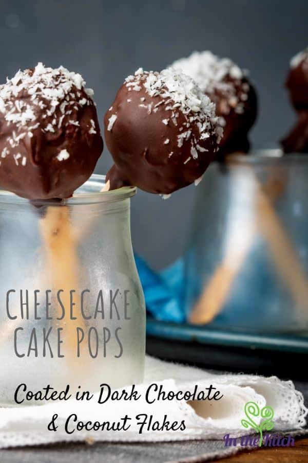 Cheesecake Cake Pops Coated in Dark Chocolate & Coconut Flakes tall image with text. inthekitch.net