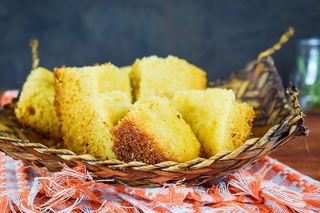 Electric Skillet Corn Bread in a wooden woven basket.