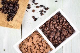 Chocolate and cocoa covered coffee beans in serving tray, coffee beans layed out on wooden background.