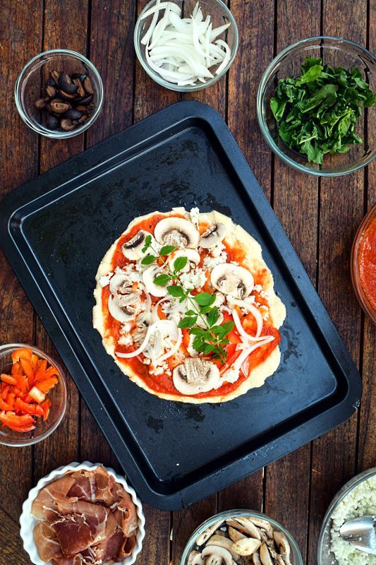 Pizza dough on a pan with toppings.