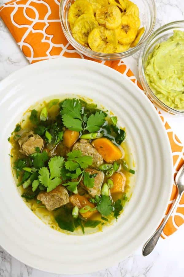 Instant-Pot-Tomatillo-Pork-Soup Instand Pot tomatillo pork soup in a white bowl.