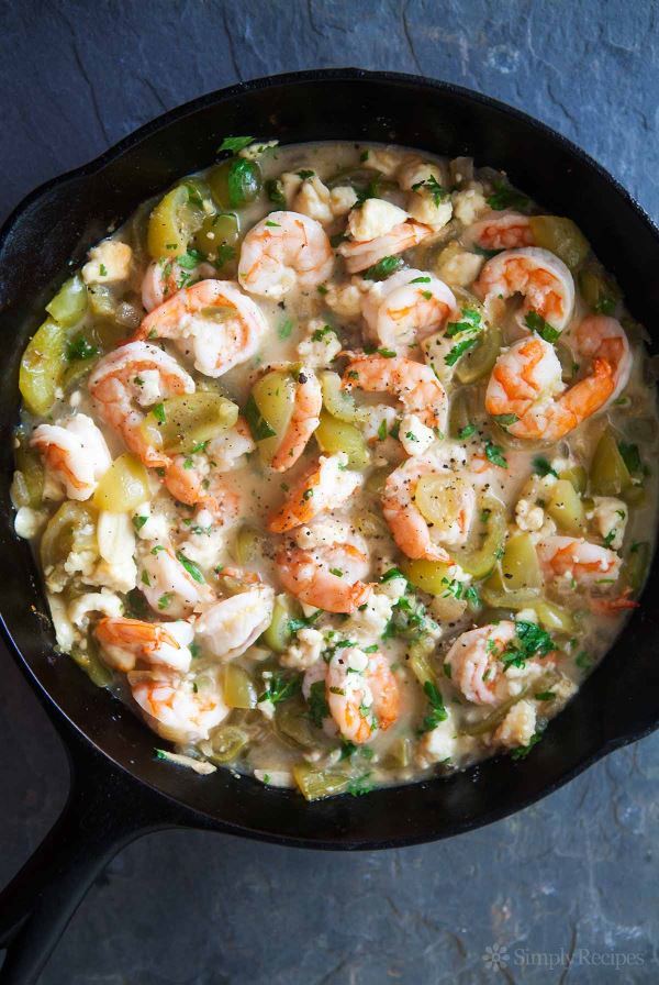 Bake Shrimp and tomatillos in a cast iron pan.