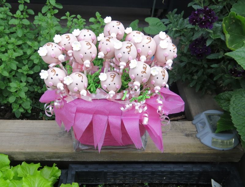 Baby face cake pops in a pink stand for baby shower.