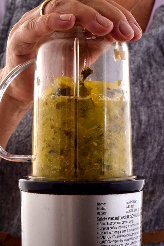 How to Make Tomatillo Salsa_10 All cooked tomatillo ingredients blended together in a blender.