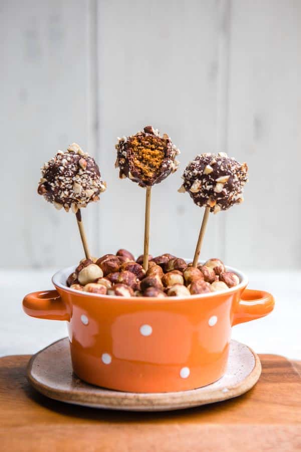 Pumpkin Spice Cake Pops Vegan Gluten Free in an orange mug.