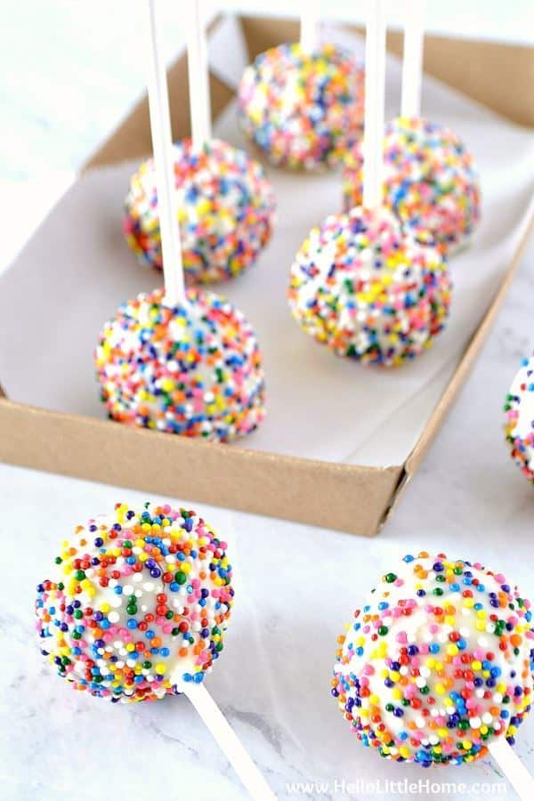 Birthday cake pops with sprinkles.