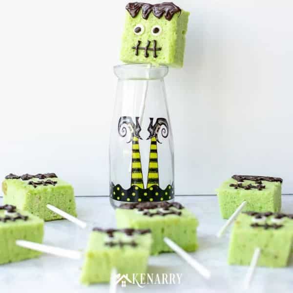 Green Frankenstein cake pops made of rice krispies.