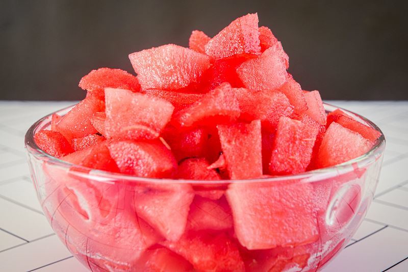 Watermelon cubes in a bowl.