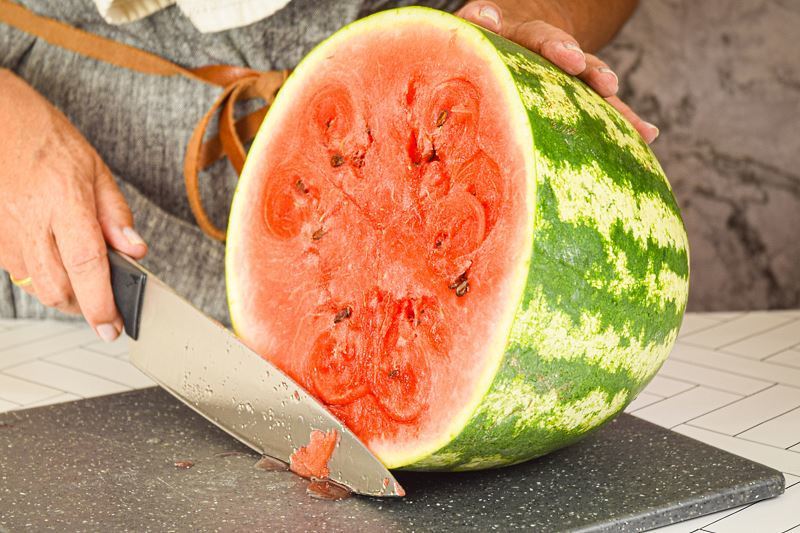 A large watermelon sliced in half.