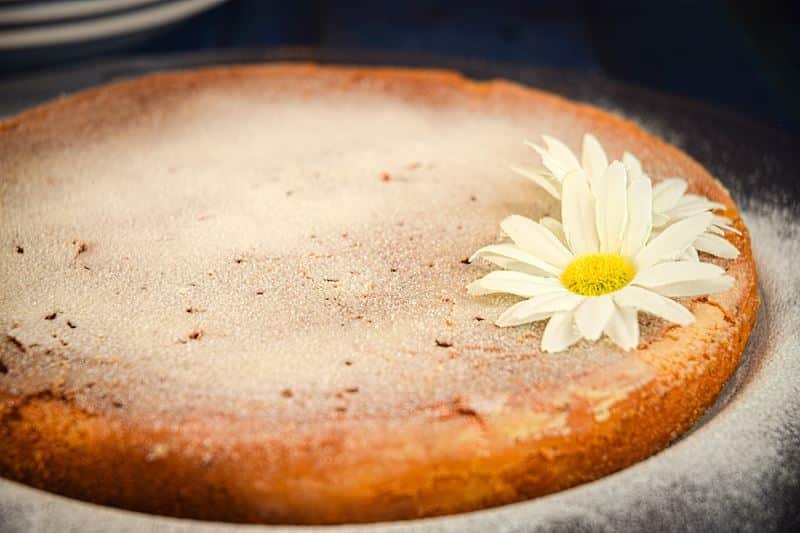 Electric skillet yogurt cake dusted with icing sugar, 2 white flowers on top, blue wooden background.