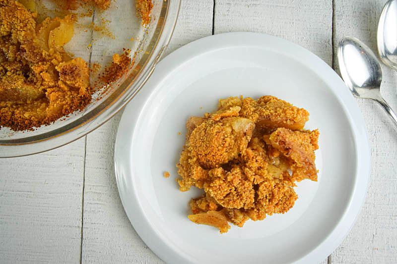 Apple Crisp on a white plate.