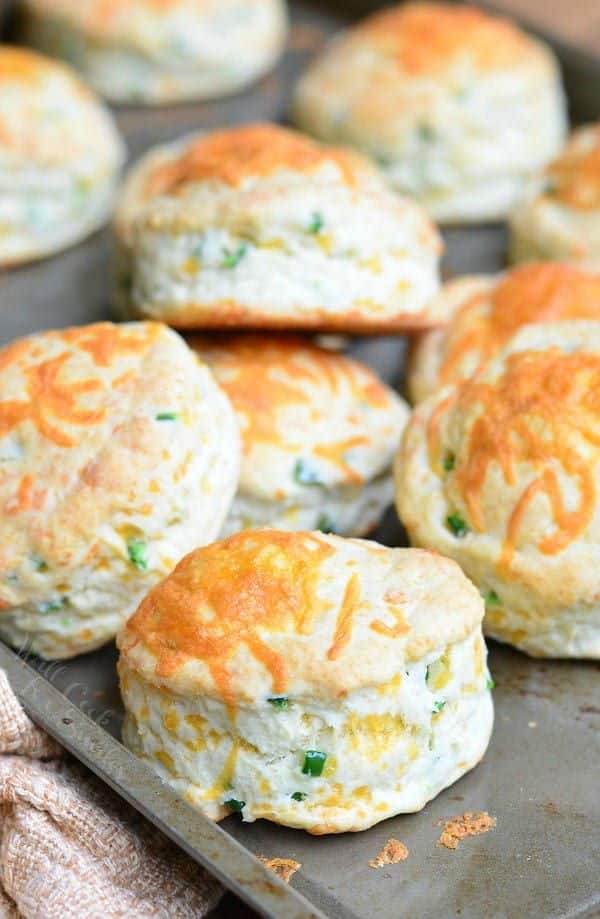 Cheese and jalapeno Buttermilk biscuits on a pan.