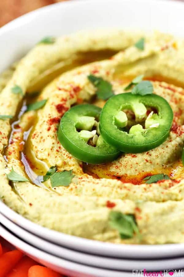 Jalapeno Hummus in a white bowl.