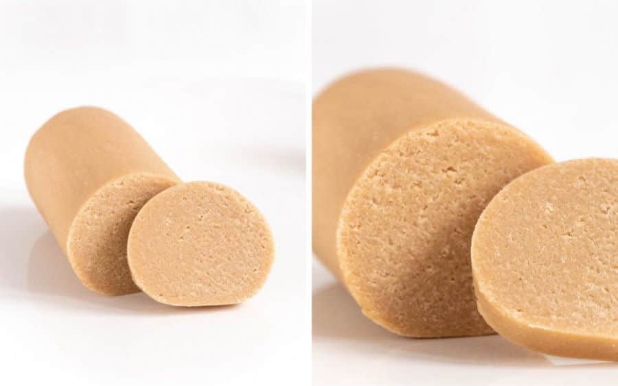 Side by side images of marzipan roll.