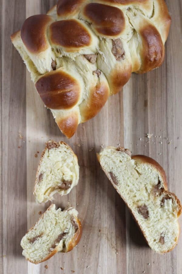 Marzipan challah on wooden background.