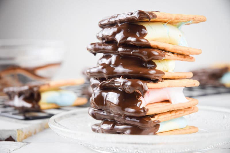 Skillet s'mores stacked on a baking rack.