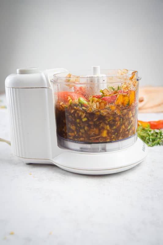 Jerk sauce in a food processor.