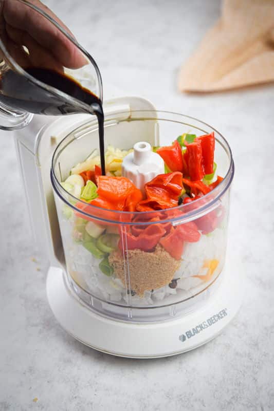 Jerk sauce in a food processor.