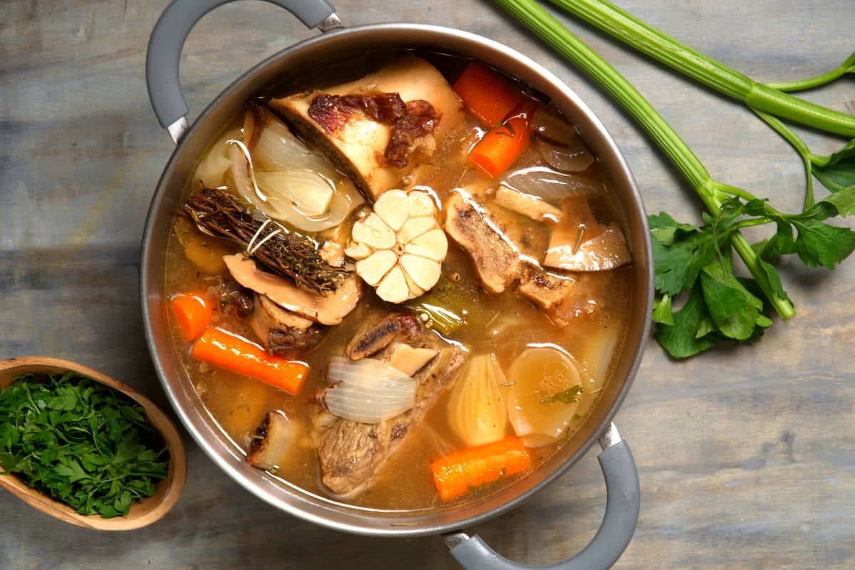 Bison bone broth in large stock pot.