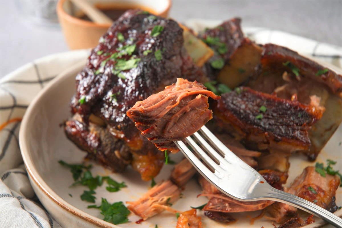 A piece of BBQ bison short ribs on fork.