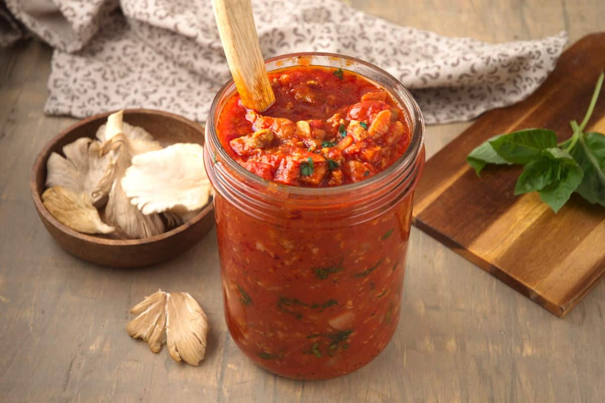 Bison meat sauce in a jar.