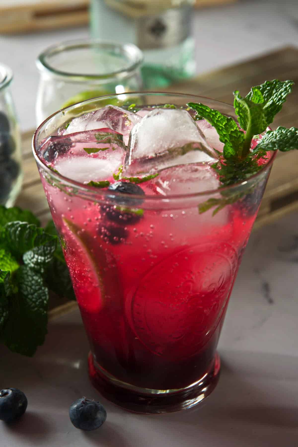Blueberry mojito mocktail in a glass with fresh mint leaves and blueberries.