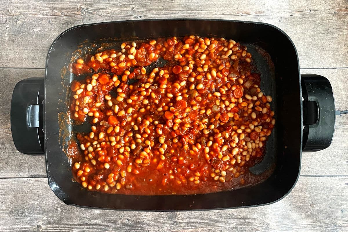 British baked beans in skillet.