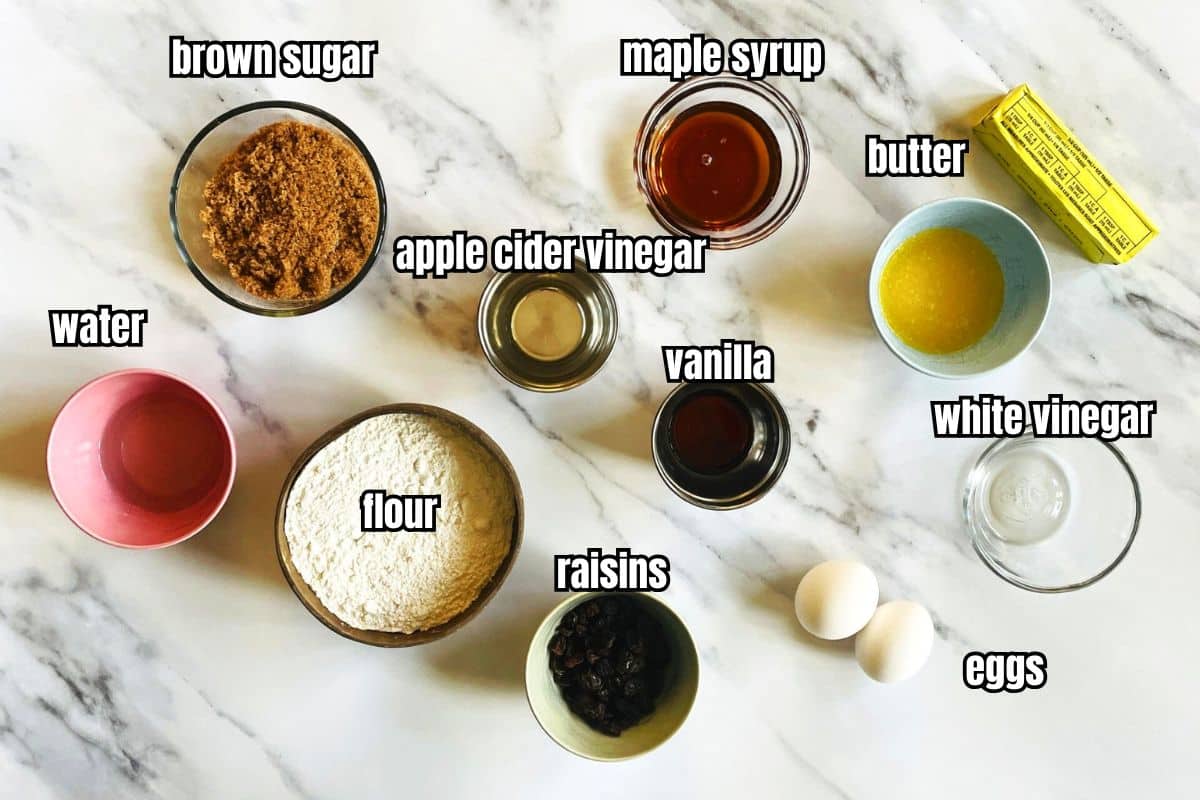 Butter tart ingredients labeled on marble background.