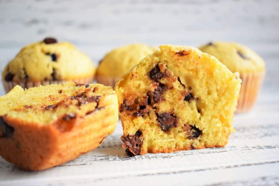 Chocolate Chip Orange Zest Muffins on white wooden background.