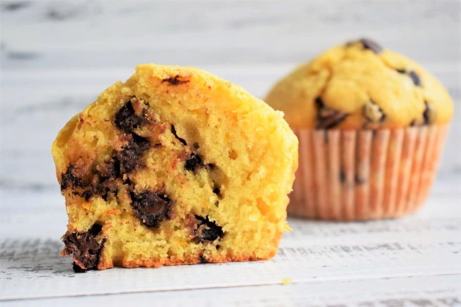 Chocolate Chip Orange Zest Muffins on white wooden background.