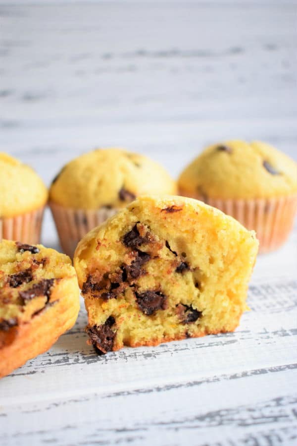 Chocolate Chip Orange Zest Muffins on white wooden background.