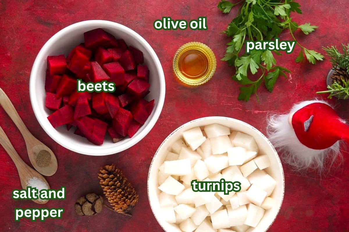 Chopped beets and turnips, olive oil, parsley and salt and pepper on magenta background.