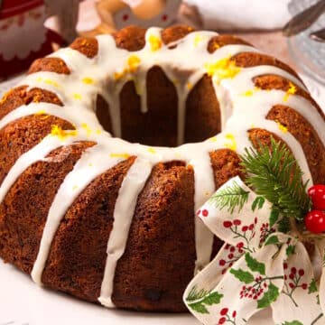 Christmas bundt cake with Christmas decorations.