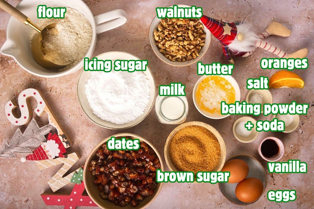 Christmas bundt cake ingredients prepped and labeled.