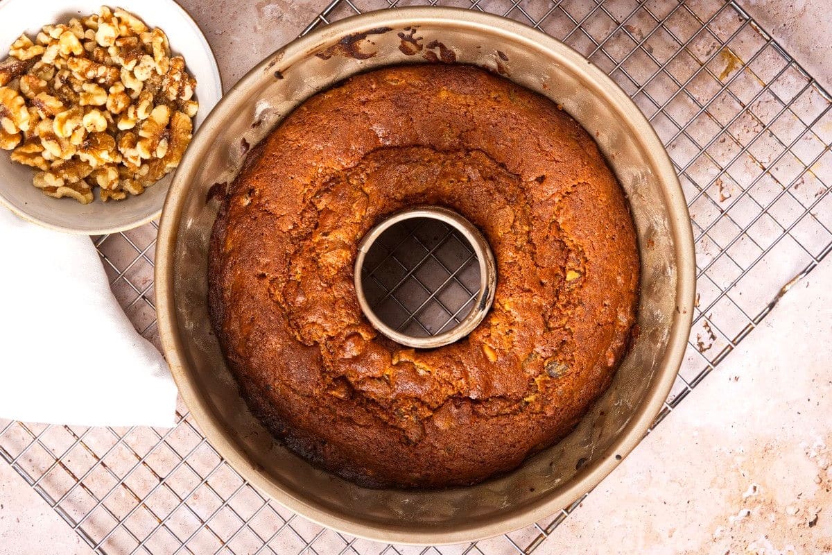 Christmas bundt cake baked in pan.