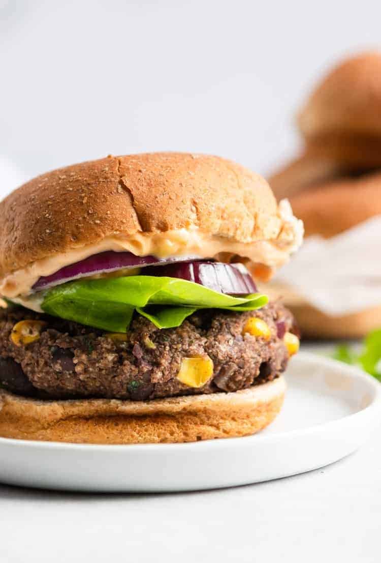 Black bean burger on white plate.