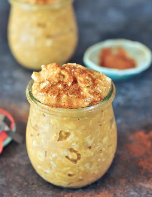 Pumpkin overnight oats in a jar.