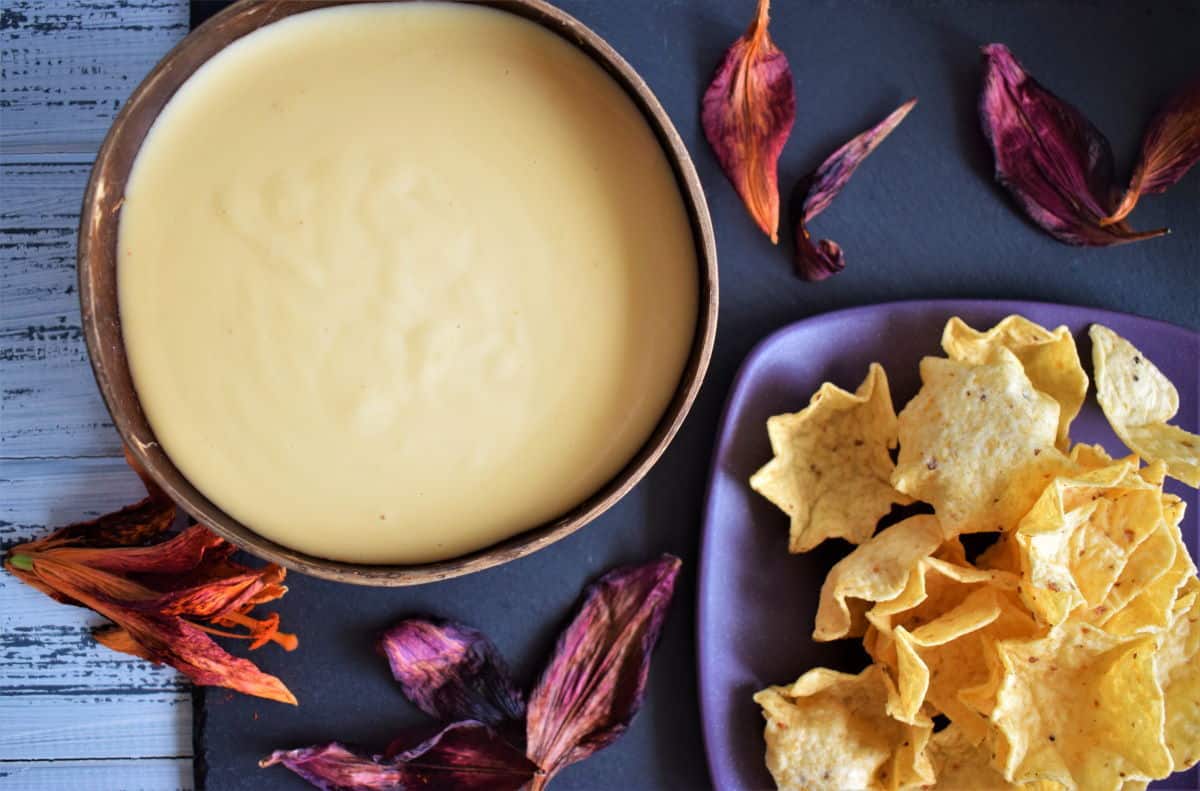 White cheddar nacho cheese sauce in a coconut bowl, tortilla chips and lily leaves on the side.