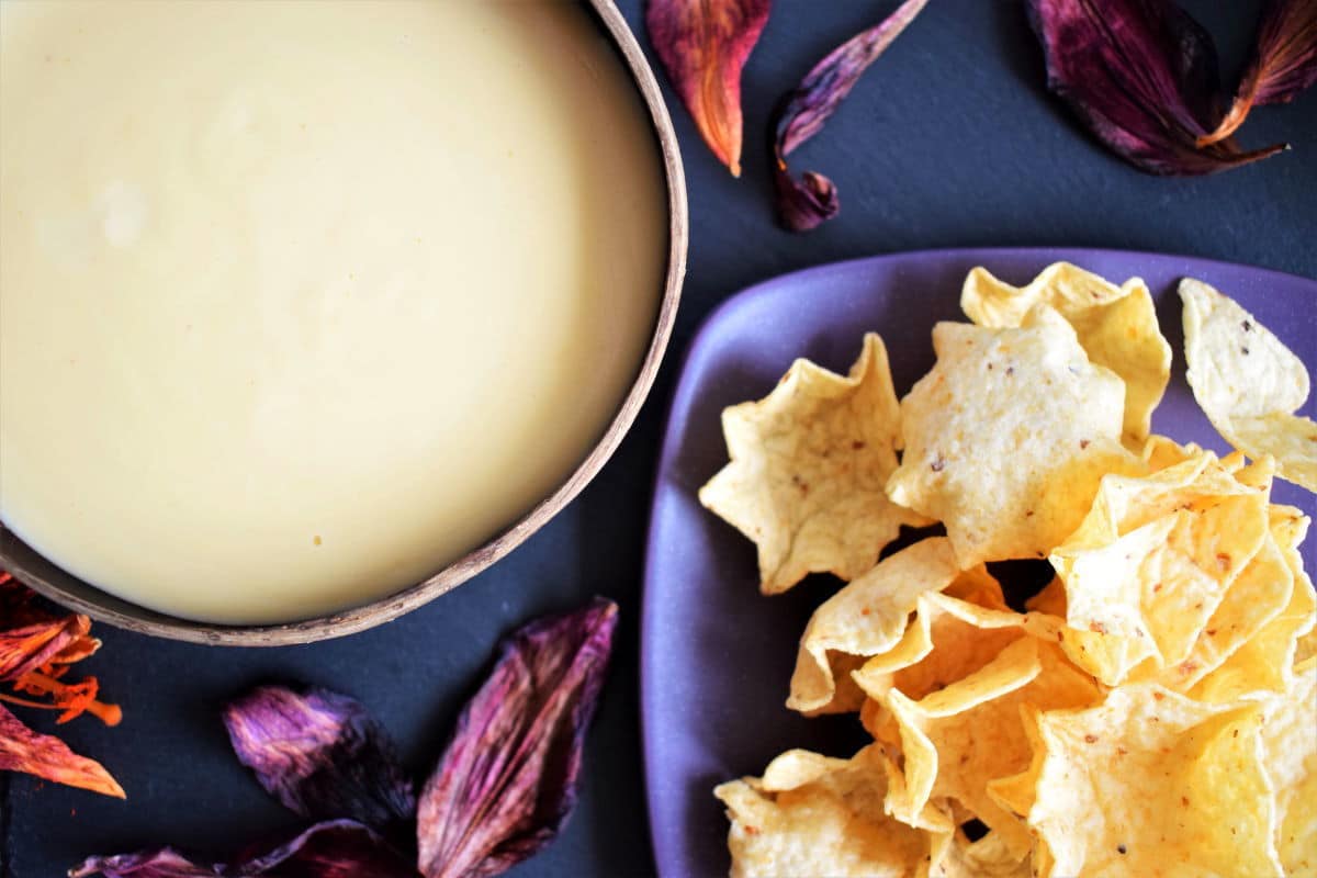 White cheddar nacho cheese sauce in a coconut bowl, tortilla chips and lily leaves on the side.
