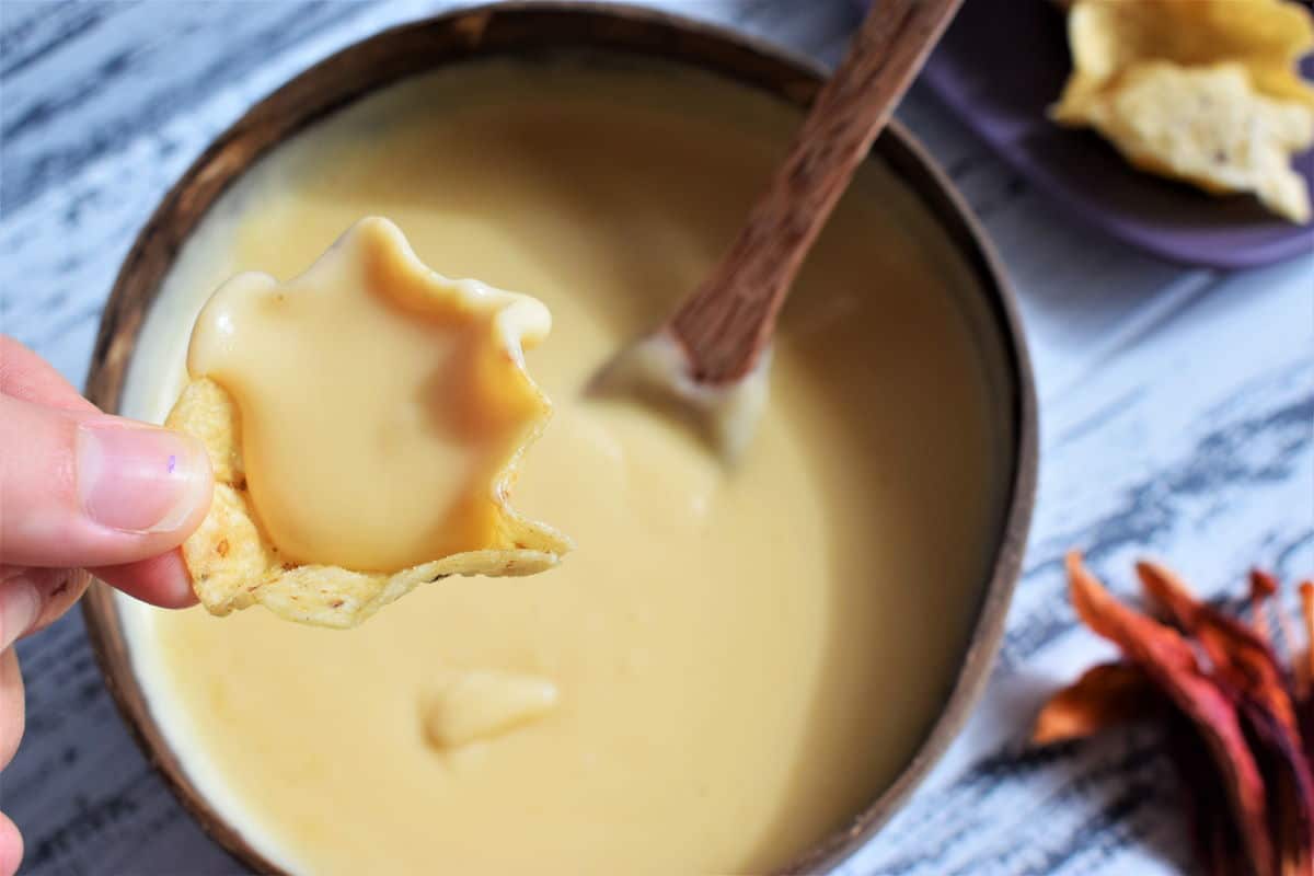 Cheese sauce in a coconut bowl, white wooden background.