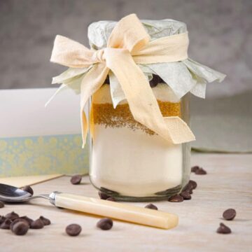 Chocolate chip cookie mix in jar with ribbon.