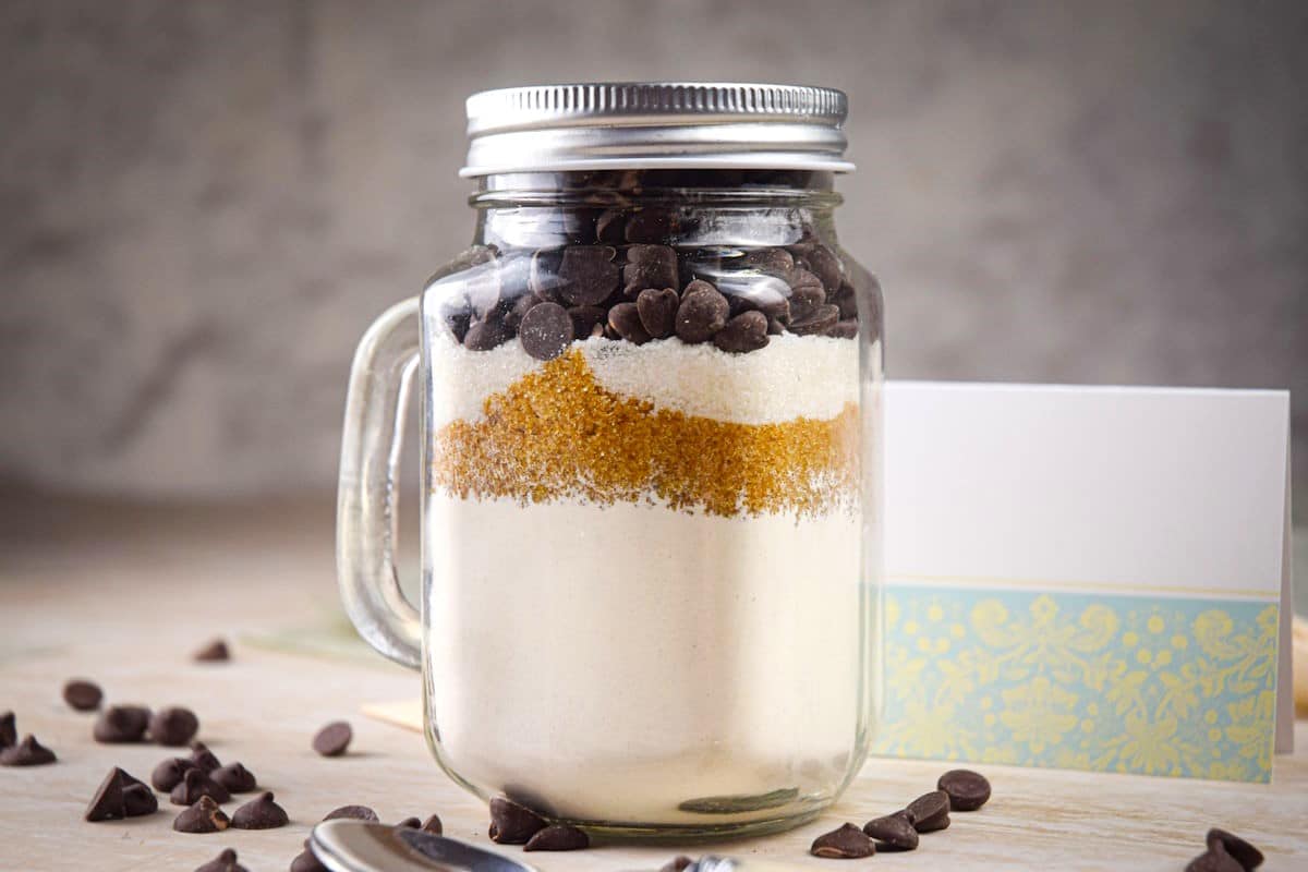 Chocolate chip cookie mix layered in a jar.