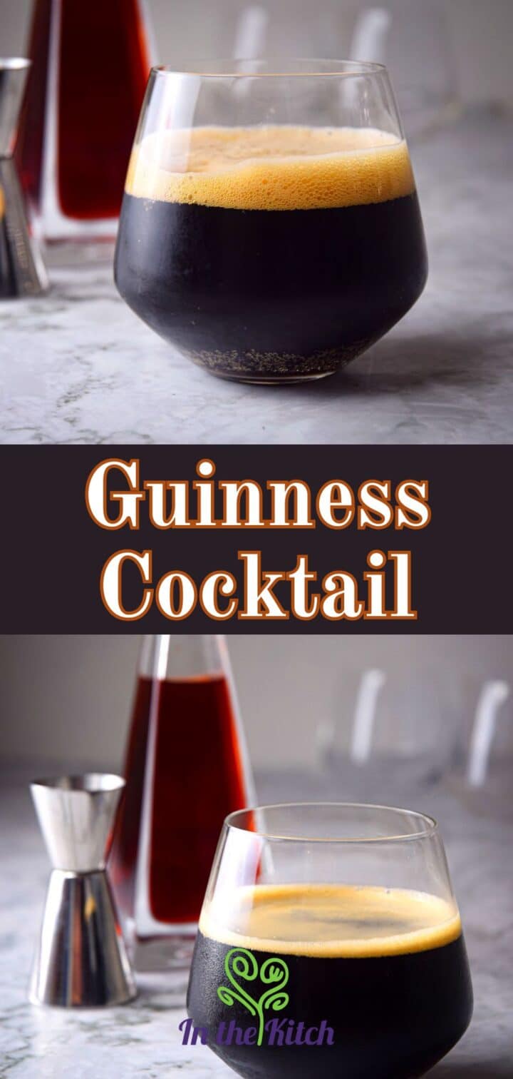 Images of Black Fog cocktail in glass with text overlay that says 'Guinness Cocktail'.
