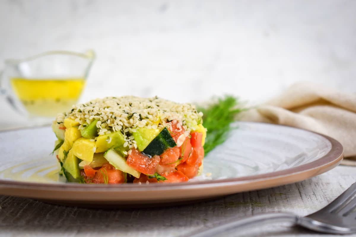 Hemp Seed Salad on plate with fork.