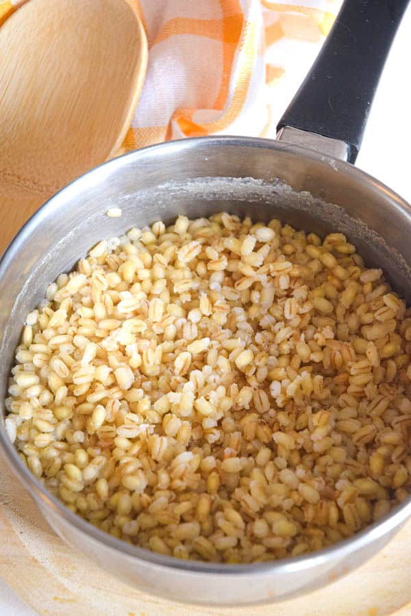 Cooked barley in a pot.