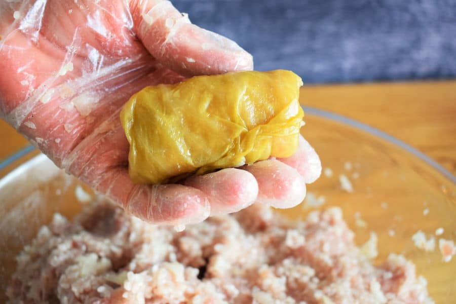 Cabbage roll in gloved hand.