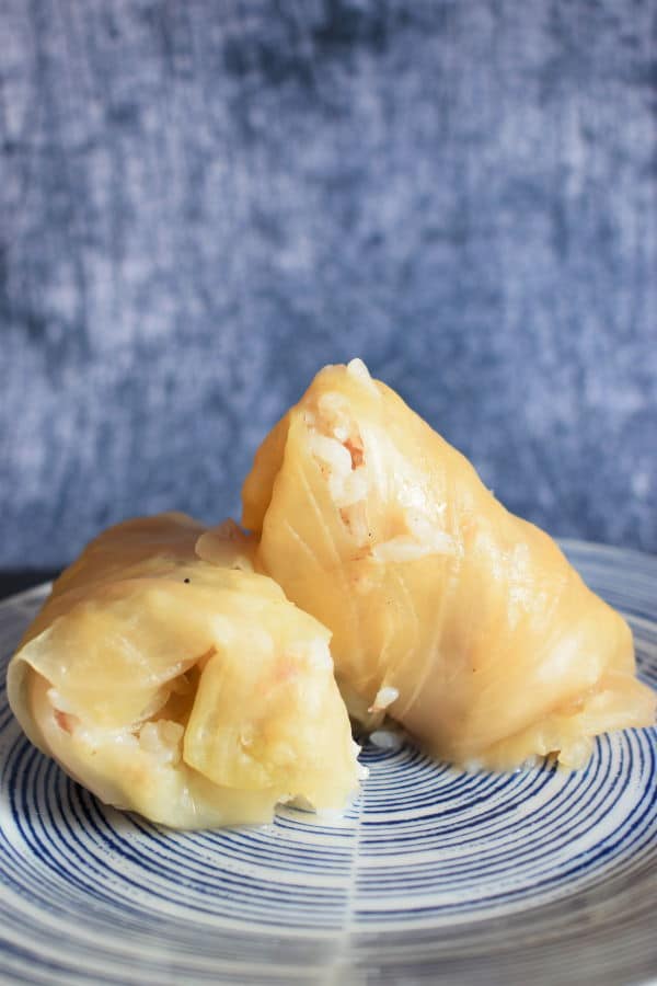 Cabbage rolls on a blue and white plate, blue background.