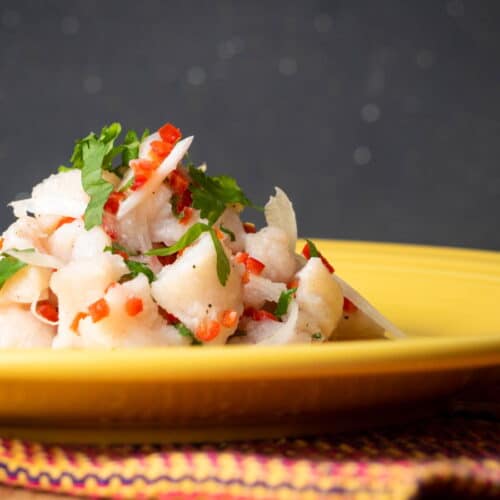 Ceviche on a yellow plate.