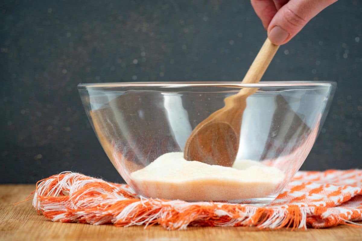 Gelatin mixture in small clear bowl.